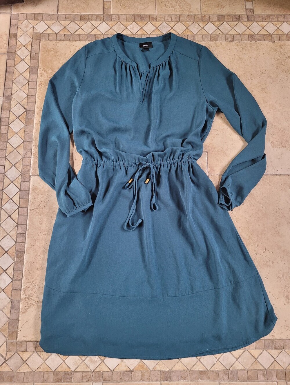 Mossimo Teal Long-Sleeve Drawstring Waist Dress